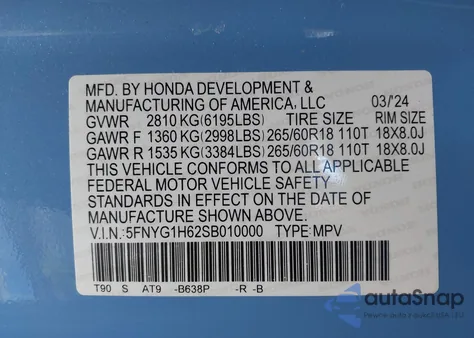 2025 Honda Pilot Trailsport z USA, uszkodzony, nr VIN 5FNYG1H62SB010000